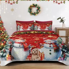 Christmas King Size Quilt Set, Dark Red Xmas Snowman Lightweight Bedspread Cover