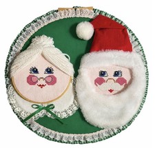 Vintage Santa Mrs Claus Needlepoint Christmas Wall Hanging 17" Handmade
