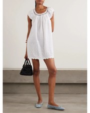 Doen Women's Lelia Embroidered Laced White Cotton Nightgown Short Mini Dress S
