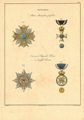 Seltener antiker Druck-MILITÄRORDEN-BAYERN-MAX JOSEPH-VERDIENST-KRONE-Rochemont-1843