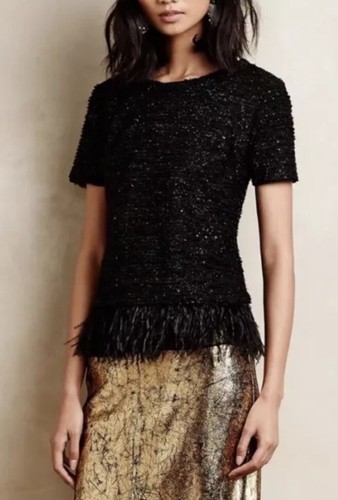 Deletta Anthropologie Top Womens Sz Small Shimmer Sequin Tweed Feather - Picture 2 of 15