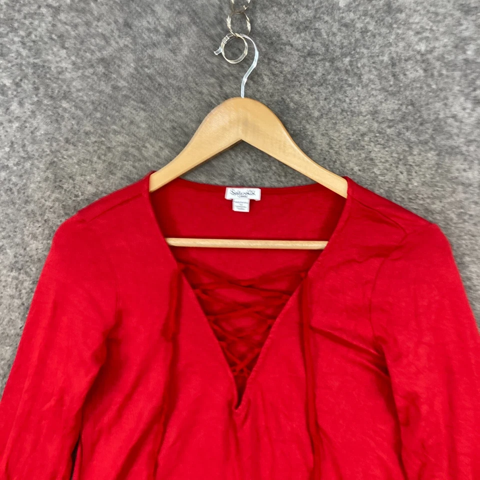 Blusa Espléndida Top Mujer L Grande Roja Manga Larga Cuello en V Tela Elástica 35618 Foto 3 de 4