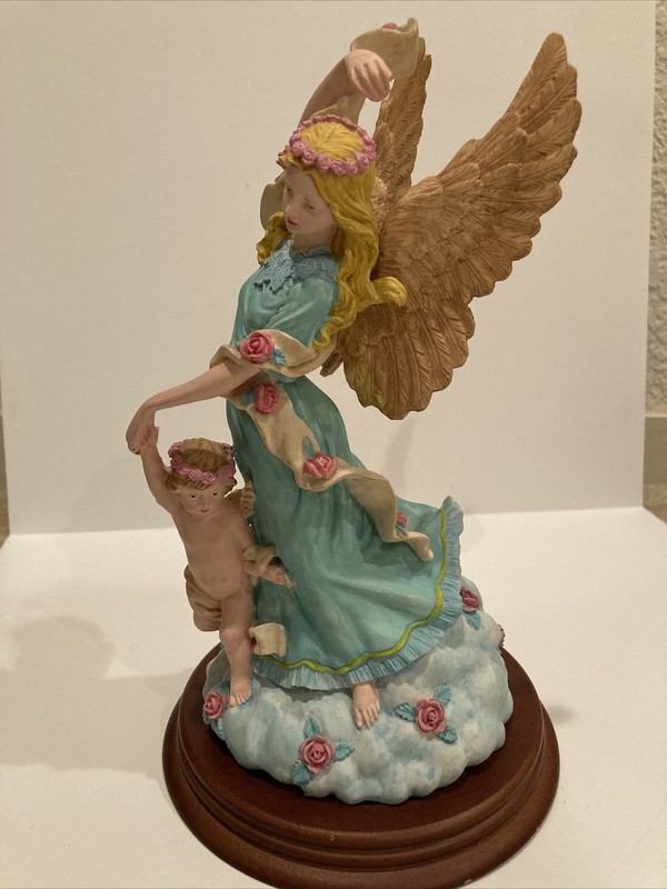 Angel with Angel Child 9” Figure Pink Roses Angelic Figure Angel Wings