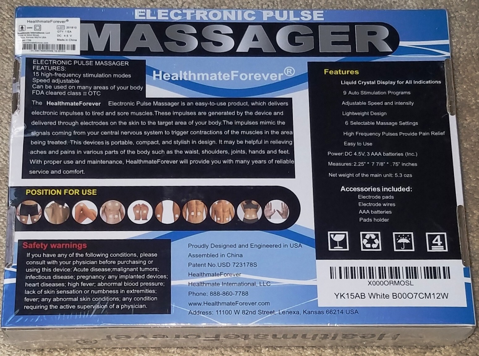 HealthmateForever Electronic Pulse MASSAGER Model YK15AB New Sealed
