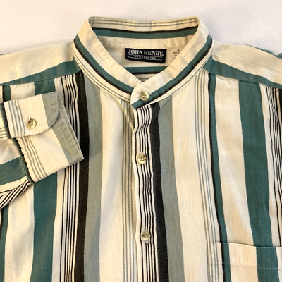 #ad Vintage John Henry Band Collar Shirt Men’s Large Green Striped Cotton 90’s $18.50