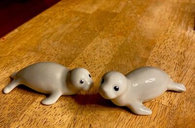 Vintage Harp Seal Family Miniature Bone China Set of 2 Mother Pup