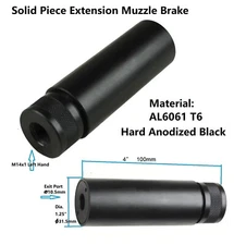 6061 T6 Hard Anodized Aluminum M14x1 LH Barrel Extension Tube 4" Muzzle Brake