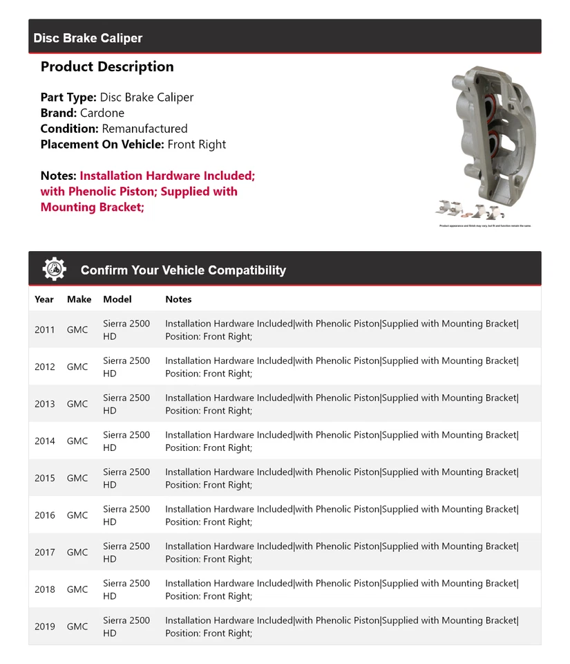 For 2011-2019 GMC Sierra 2500 HD Disc Brake Caliper Front Right Cardone 2012 - Image 2 of 4