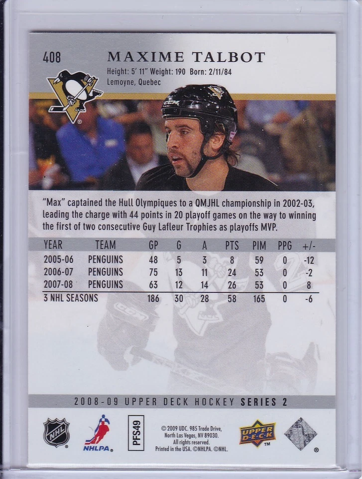 Maxime Talbot 2008 Upper Deck Hockey Card 408 Grade MT - Image 2 of 2
