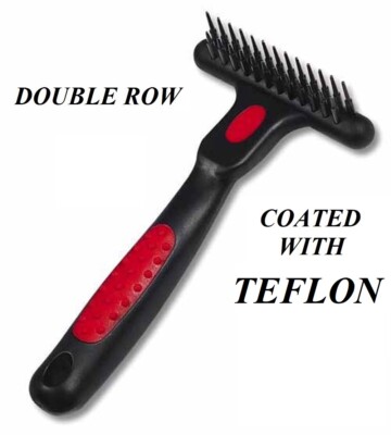 Pro DOUBLE ROW UNDERCOAT RAKE TEFLON COATED PINS DOG CAT Grooming Mat ...