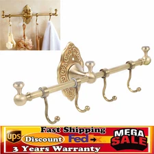 Vintage Towel Storage Shelf Brass Towel Bar Holder Wall-Mounted Rack W/ 4 Hooks
