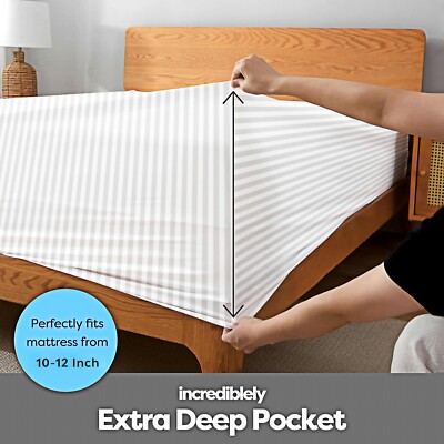 100 % Ägyptische Baumwolle Weiß Streifen Spannbetttuch Antiallergie Doppelbett King Size