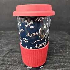 IQ Accessories Woof Dog Bones Decor Ceramic Travel Tumbler w/Rubber Lid & Grip