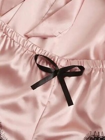 Satin 4-piece Lingerie Set Pink w/Black Lace trim, Robe, Shorts, Panties & Bra