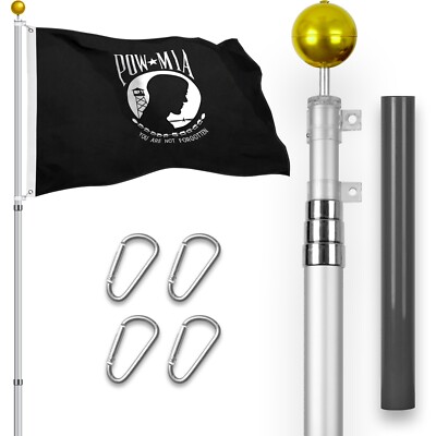 Combo: 16 Ft Telescoping Flagpole Silver & POW MIA Flag 3x5 Ft Emb Spun Poly