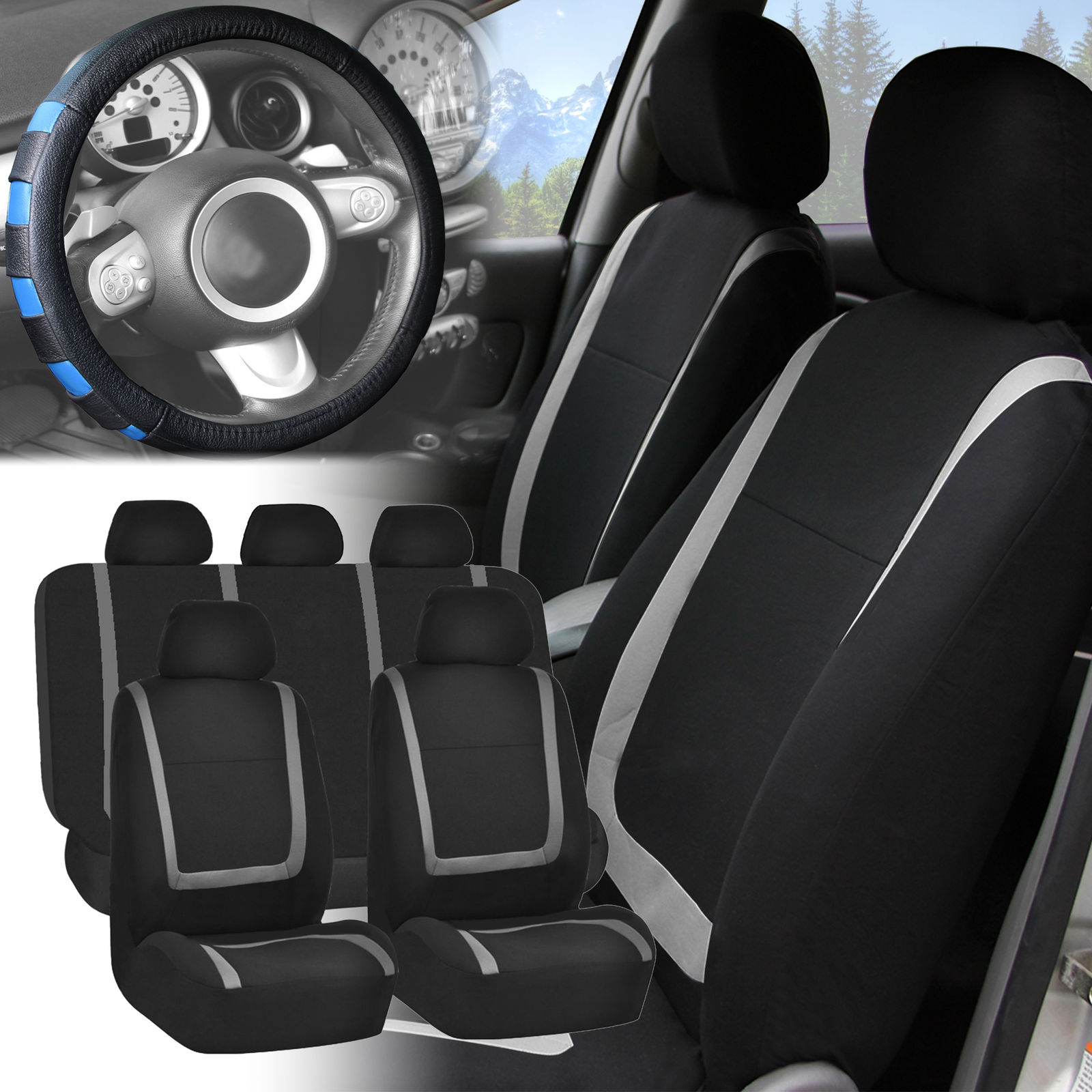 FH Group Universal Fit Cloth Car Seat Covers Full Set w/ Steering Wheel Cover