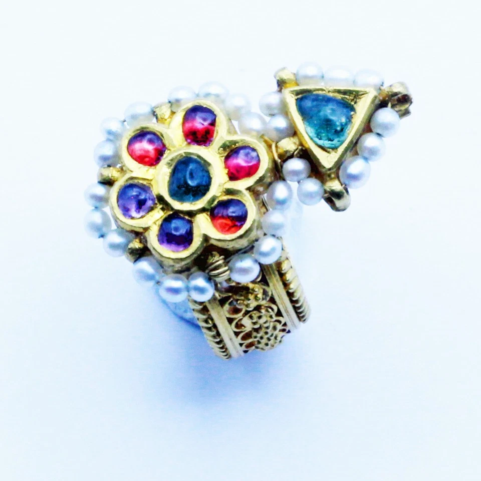 Antique / vintage ring 18k gold sapphires rubies pearl Indian lacy (7251) - Image 2 of 4