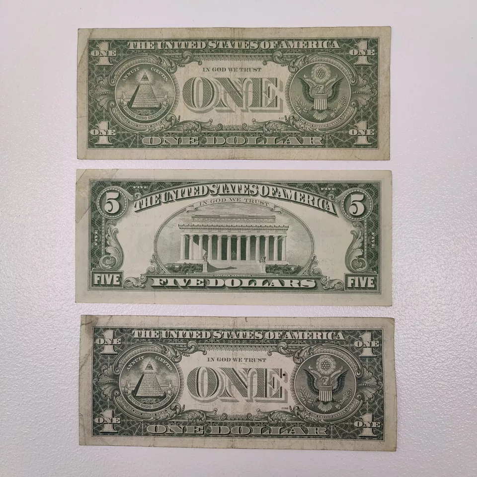 1963 five dollar red seal star note 1957 silver seal one dollar bill 1977 $1 - Image 2 of 4