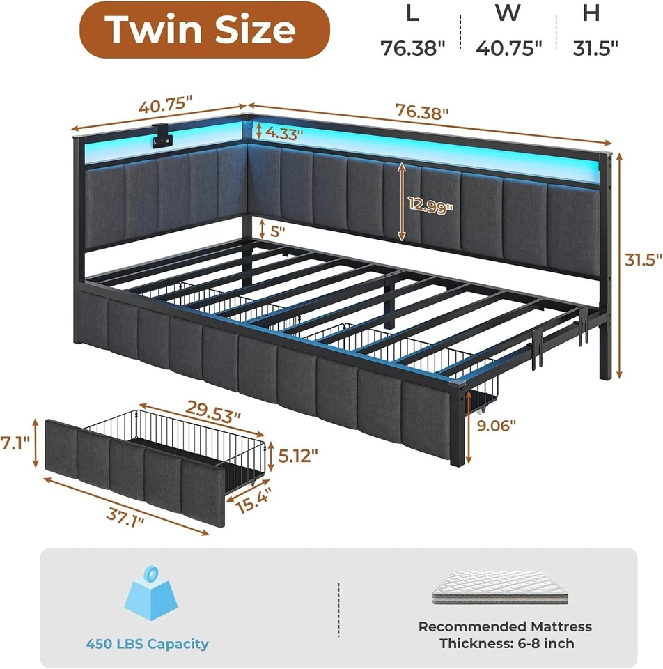 Marco de cama esquinero de sofá cama tamaño doble con luces LED, estación de carga, 2 cajones Foto 2 de 4