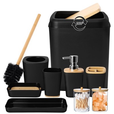 XLHOMO Bathroom Set Black Trash Can, 9 Piece Bath Set, 