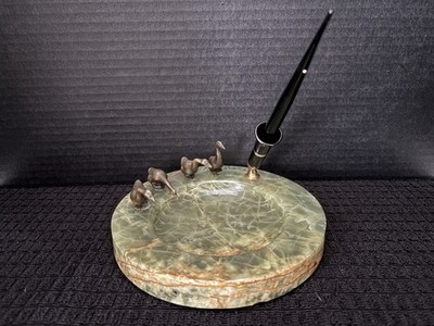 RARE SHEAFFER GREEN ONYX DESK TOP TRINKET TRAY & PEN 14K NIB & 4 BRONZE GEESE