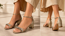 Jewel Badgley Mischka Giona Gold Glitter Crystal Block Heel Sandals Sz 8 Formal