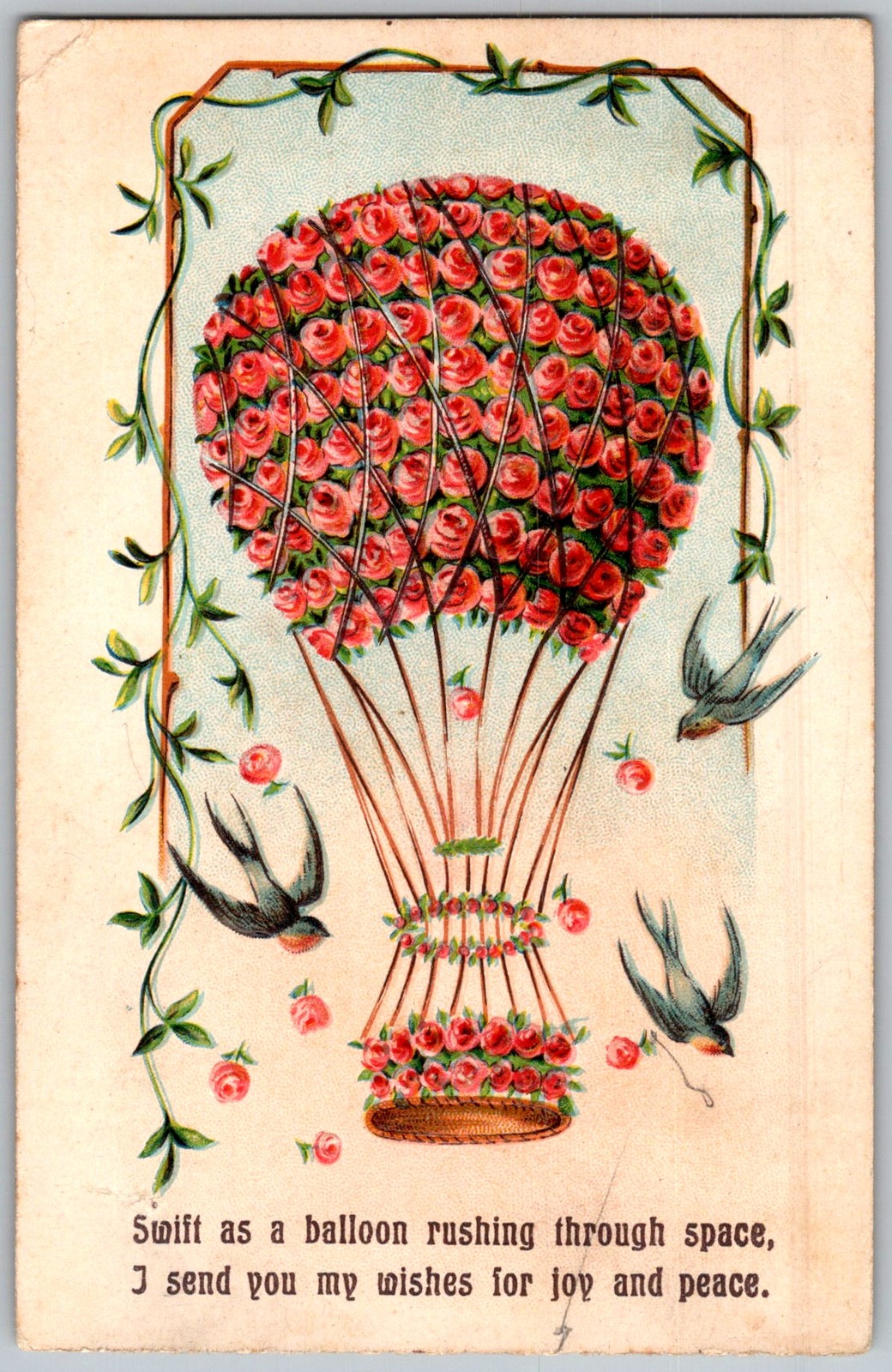 Antique Postcard Roses Hot Air Balloon 1910s