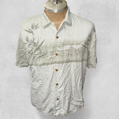 Tommy Bahama SILK Shirt Men s XLX Floral Hawaiian Island Sage Green Waves Ocean
