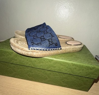 Gucci Women s Blue GG Logo Denim Slide Sandals Open Toe US 6.5 EU 36.5