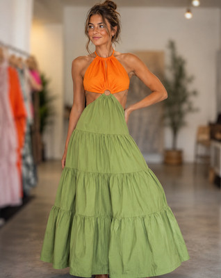 RW Francesca Olive Orange Halter Tiered Maxi Dress Womens XL NWT Boho
