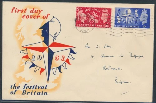 LS84380 Great Britain 1951 to Belgium festival of Britain FDC used