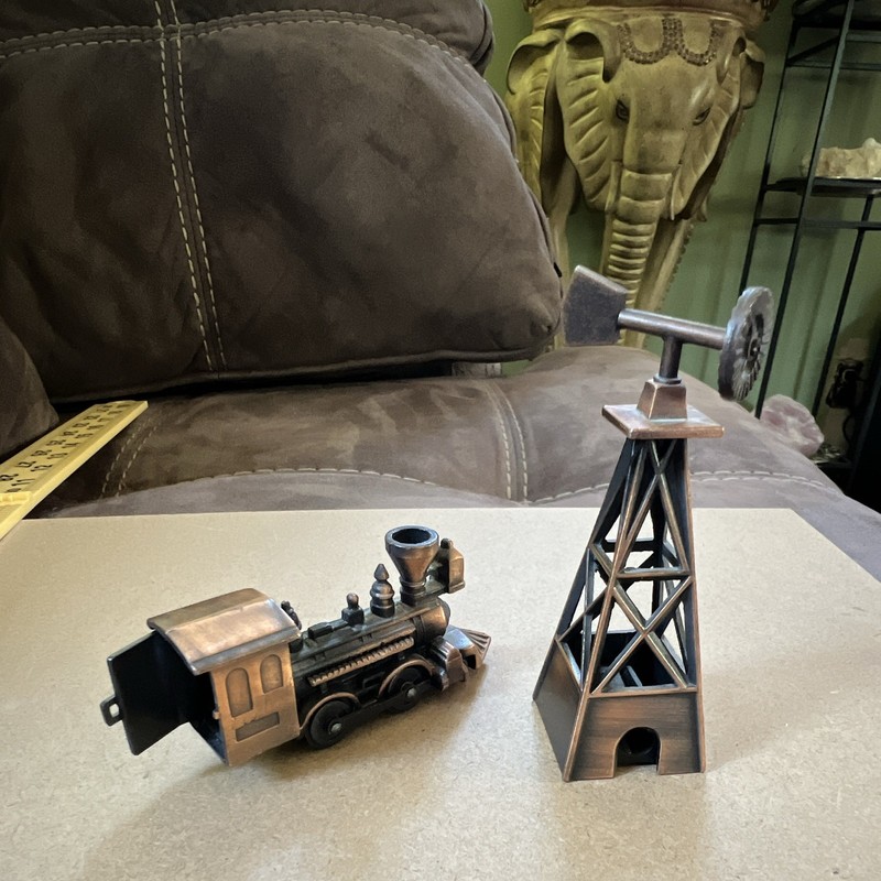 Metal Pencil Sharpeners Lot of 2 - Train Locomotive and Windmill Tower