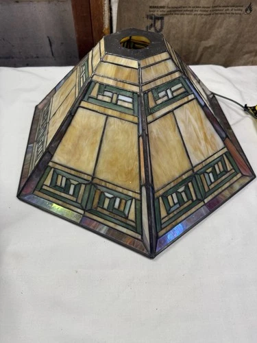 Vintage Tiffany Mission Style Stained Glass Lamp Shade Geometric Leaded Glass