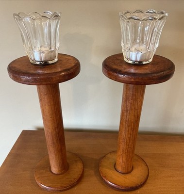 Antique #2 Wooden Textile Mill Bobbin Spools Repurposed Into Candle Holders 14 