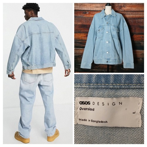 ASOS Design Jean Jacket L Oversized Light Wash Denim 100% Cotton Button Front 