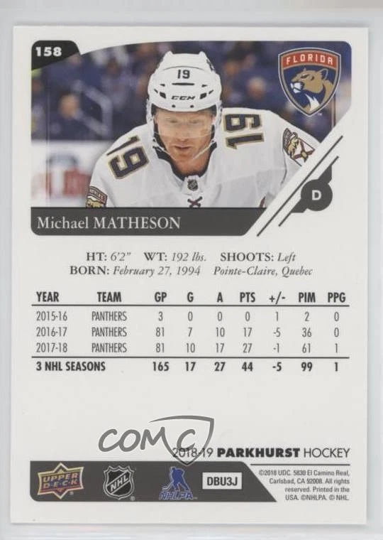 2018-19 Upper Deck Parkhurst Michael Matheson #158 - Image 2 of 2