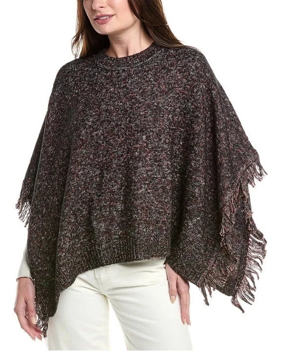 CABI Merry Poncho Sweater Boho Fringe Charcoal/Red Sz XS/S #4628 NWOT