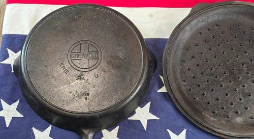 Griswold Cast Iron Skillet & Lid No 14 Large Block Logo With Heat Ring Erie PA