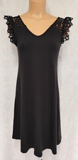 LOFT Black Dress Lace Trim Flutter Sleeve V-Neck Rayon Stretch S Petite A-line