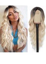 WOMEN'S PLATINUM BLONDE WAVY ROOTED 20" New With Cap