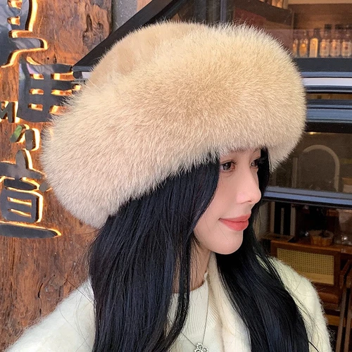 Women's Real Mink Fur Hat Bucket Hat Bowler Hat Warm Cap W Fox Fur Outdoor - Picture 8 of 44