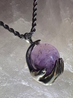 Sterling Silver hand holding amethyst ball Solitaire pendant  by JKL 982