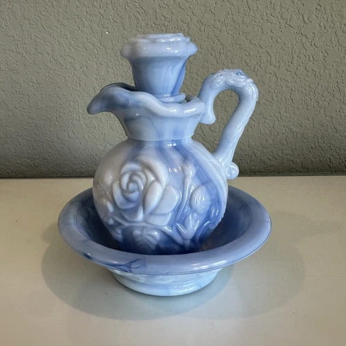 Vintage Avon Milk Glass Pitcher Blue Swirl  W/Stopper & Basin Bubble Bath Empty