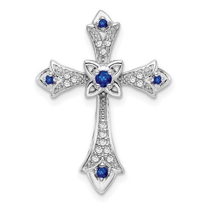 10K White Gold Sapphire and Diamond Fleur de Lis Cross Chain Slide Pendant 1.86g
