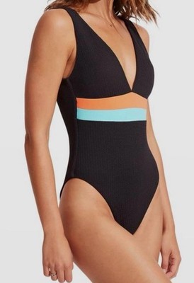 NWT Seafolly Slice Of Splice Swimsuit Sz 14 Deep V Black One Piece Australia