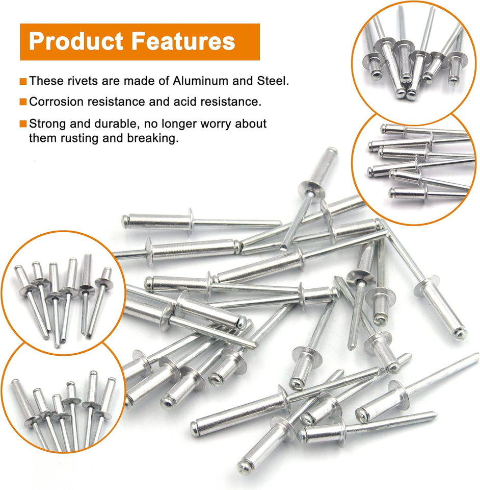 Pop Ribet ISPINNER 100Pcs 6 Sizes Aluminum Blind Rivets, Pop Rivets Assortment ...
