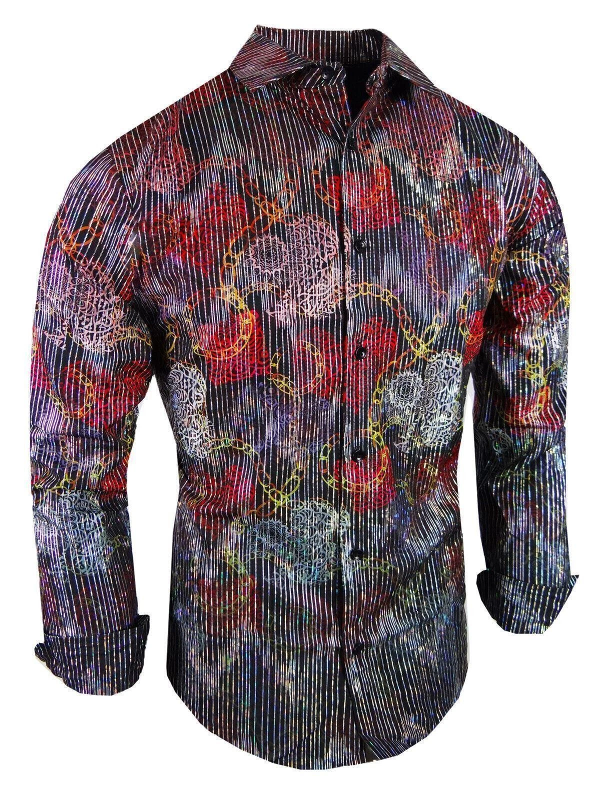 Men Luxury Shirt Italian Chain Stripe Floral Prints Stretch Slim Fit Button Up