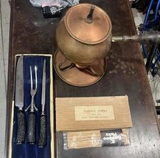 VIntage Copper Fondue Set, Carving Set, And Carl Aubock Fondue Forks