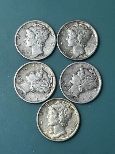Lot of 5 Mercury Dimes 10c 90% Silver 1939 1943 1945 .900 Fine Ag US Dime Coins