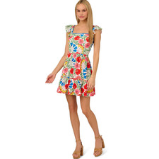 Adrianna Papell Womens Flutter Sleeves Short Dress Size 16 White Pink Floral NWT